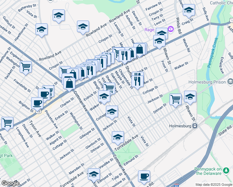 map of restaurants, bars, coffee shops, grocery stores, and more near 4300 Shelmire Avenue in Philadelphia