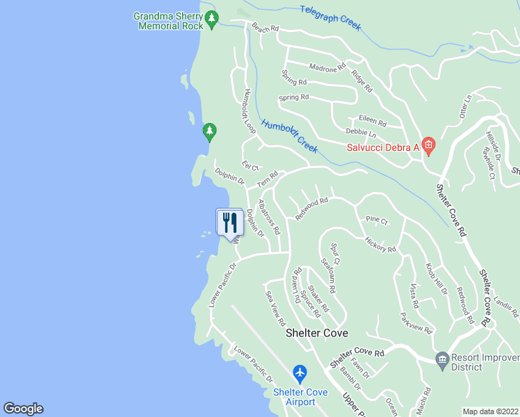 map of restaurants, bars, coffee shops, grocery stores, and more near 111 Albatross Rd in Whitethorn