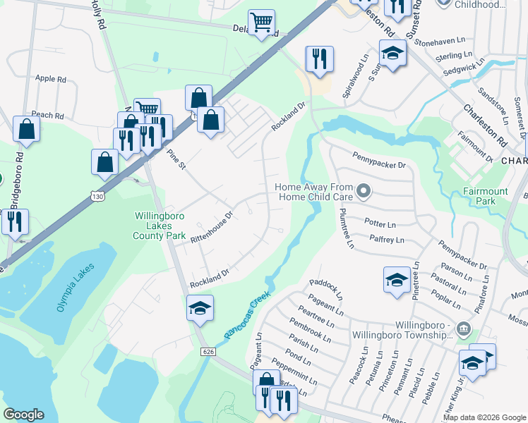 map of restaurants, bars, coffee shops, grocery stores, and more near 81 Rockland Drive in Willingboro