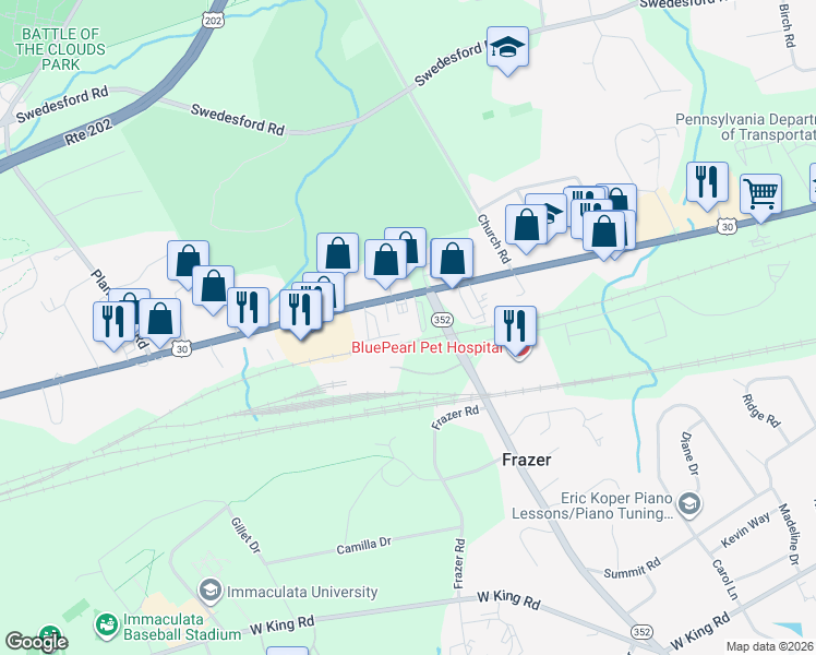 map of restaurants, bars, coffee shops, grocery stores, and more near 446 Lancaster Avenue in Malvern
