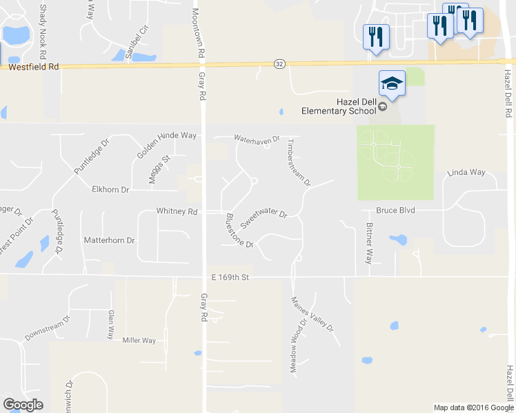 map of restaurants, bars, coffee shops, grocery stores, and more near 4976 Sweetwater Drive in Noblesville