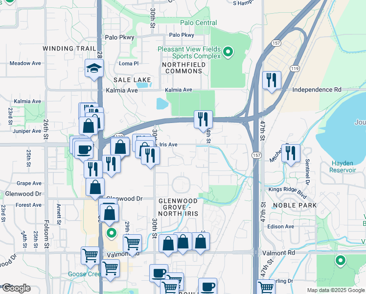 map of restaurants, bars, coffee shops, grocery stores, and more near 3240 Iris Avenue in Boulder