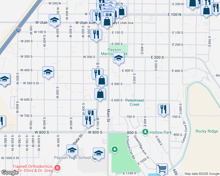 map of restaurants, bars, coffee shops, grocery stores, and more near 509 South Main Street in Payson