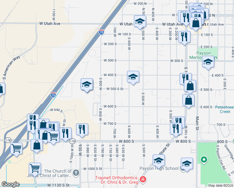 map of restaurants, bars, coffee shops, grocery stores, and more near 533 700 West in Payson