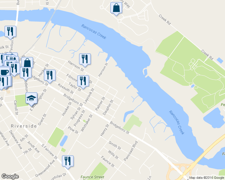 map of restaurants, bars, coffee shops, grocery stores, and more near 806 Harrison Street in Riverside