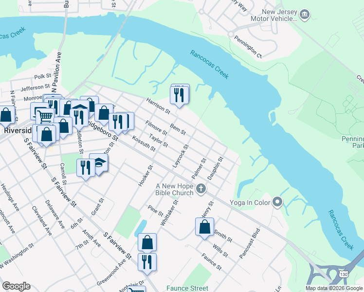 map of restaurants, bars, coffee shops, grocery stores, and more near 401 Laycock Street in Riverside