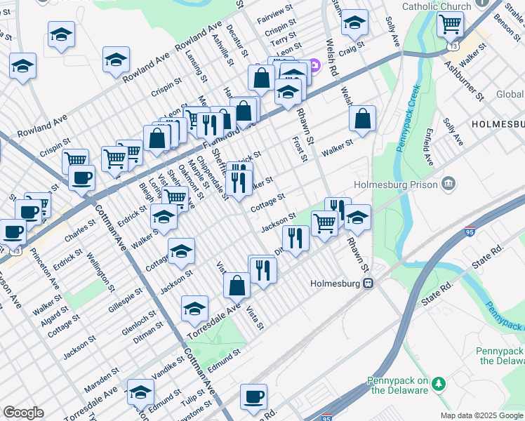 map of restaurants, bars, coffee shops, grocery stores, and more near 7753 Cottage Street in Philadelphia