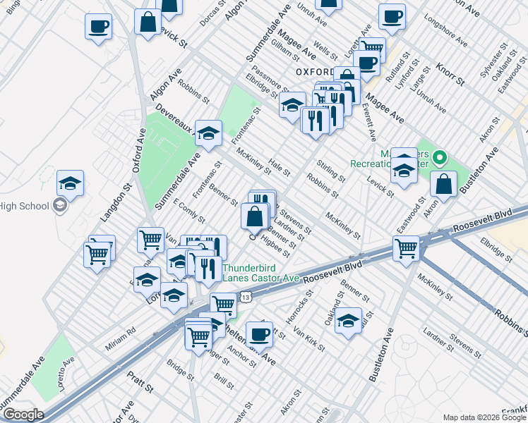 map of restaurants, bars, coffee shops, grocery stores, and more near 6127 Alma Street in Philadelphia