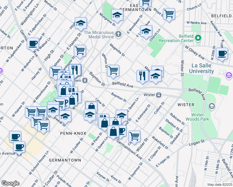 map of restaurants, bars, coffee shops, grocery stores, and more near 5345 Baynton Street in Philadelphia