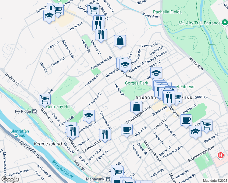 map of restaurants, bars, coffee shops, grocery stores, and more near 381 Fairway Terrace in Philadelphia