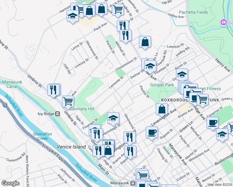map of restaurants, bars, coffee shops, grocery stores, and more near 4900 Tibben Street in Philadelphia