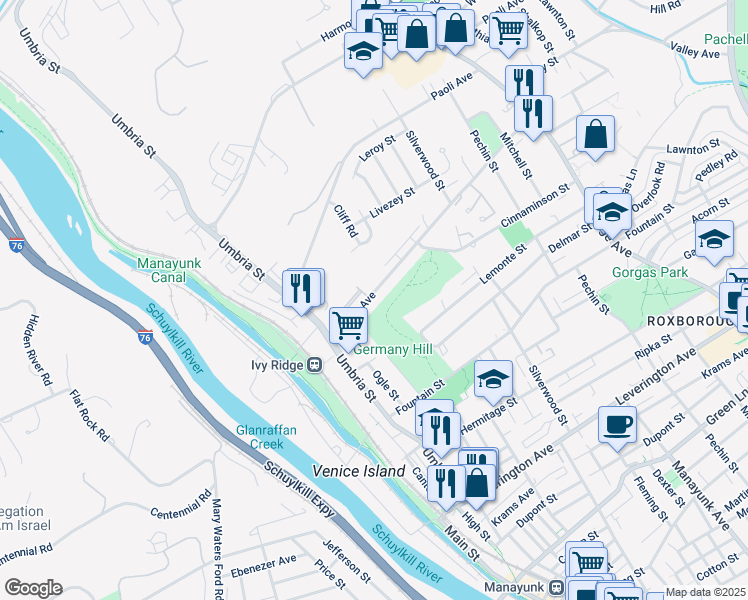 map of restaurants, bars, coffee shops, grocery stores, and more near 205 Parker Avenue in Philadelphia