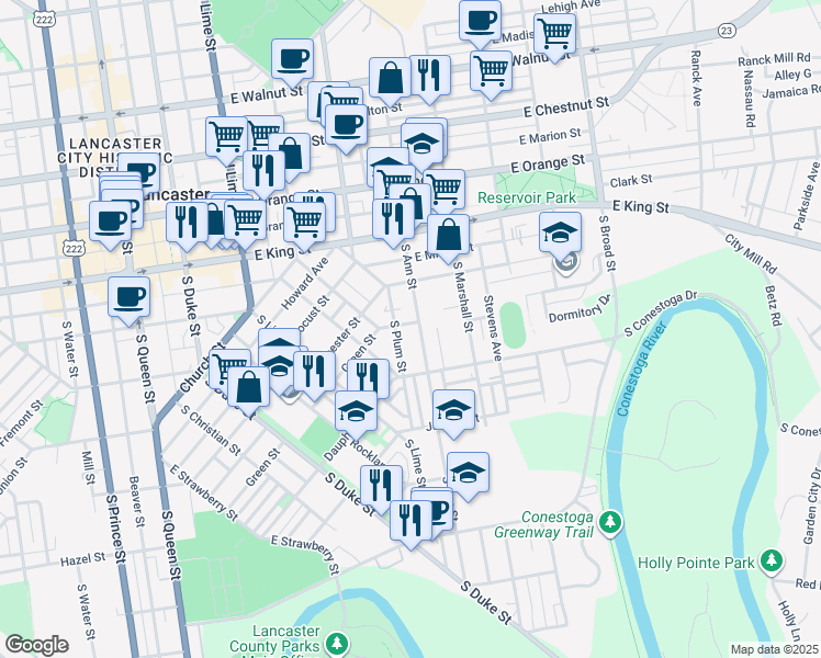 map of restaurants, bars, coffee shops, grocery stores, and more near 136 South Ann Street in Lancaster