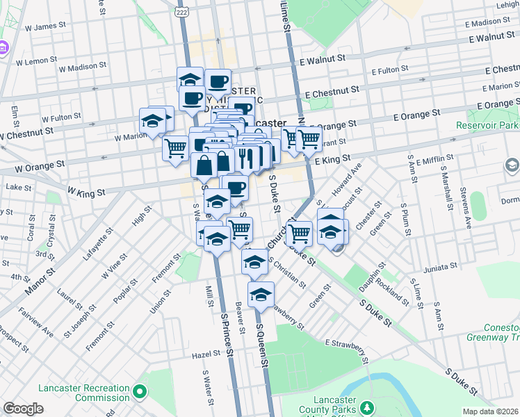 map of restaurants, bars, coffee shops, grocery stores, and more near 45 South Queen Street in Lancaster