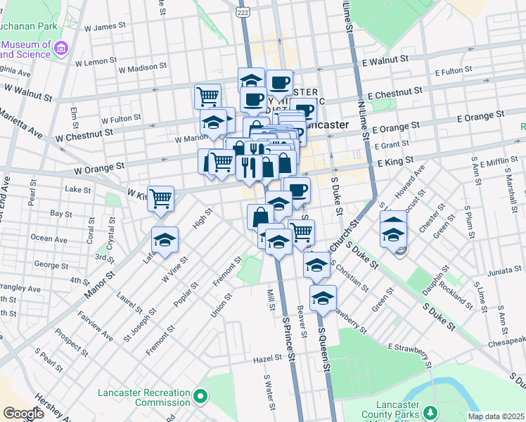 map of restaurants, bars, coffee shops, grocery stores, and more near 38 South Prince Street in Lancaster