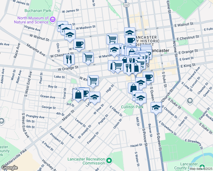 map of restaurants, bars, coffee shops, grocery stores, and more near 429 Lafayette Street in Lancaster