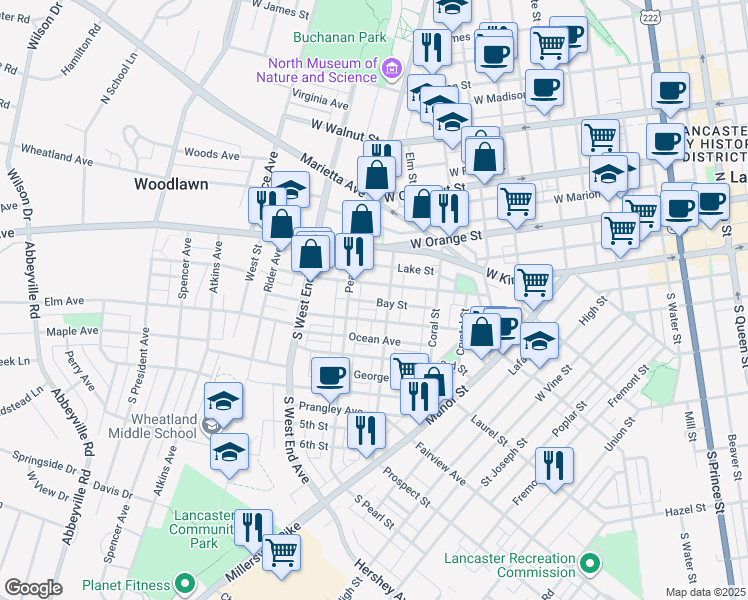 map of restaurants, bars, coffee shops, grocery stores, and more near 734 1st Street in Lancaster