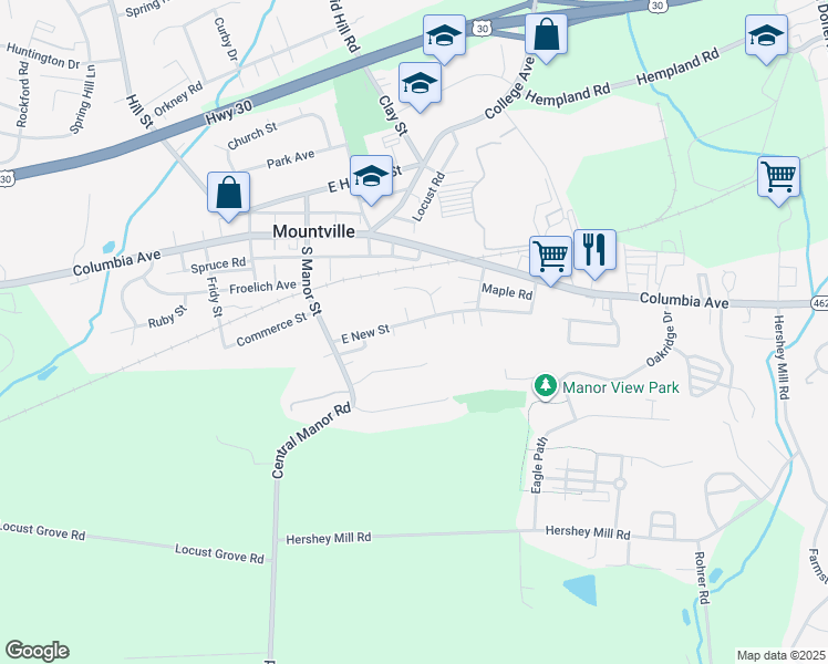map of restaurants, bars, coffee shops, grocery stores, and more near 130 East New Street in Mountville