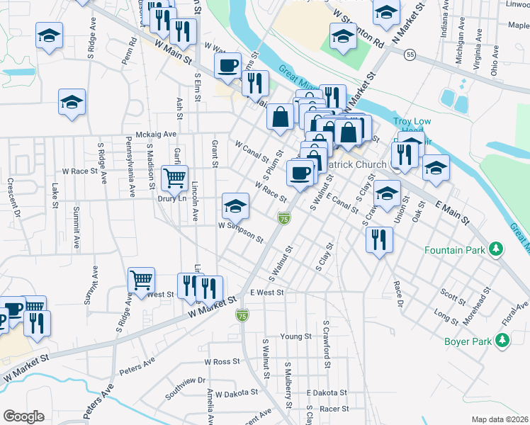 map of restaurants, bars, coffee shops, grocery stores, and more near 326 South Cherry Street in Troy