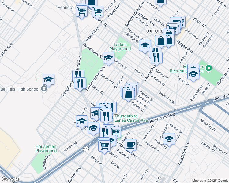 map of restaurants, bars, coffee shops, grocery stores, and more near 6035 Belden Street in Philadelphia