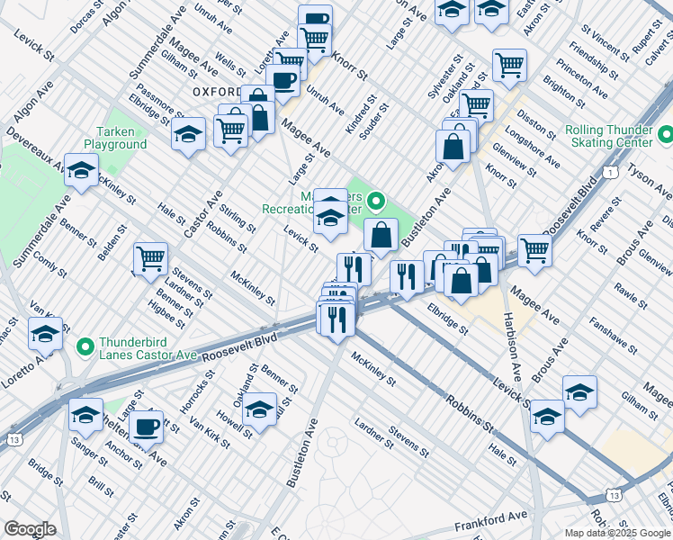 map of restaurants, bars, coffee shops, grocery stores, and more near 6354 Eastwood Street in Philadelphia