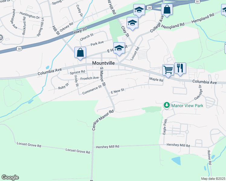 map of restaurants, bars, coffee shops, grocery stores, and more near 19 East New Street in Mountville