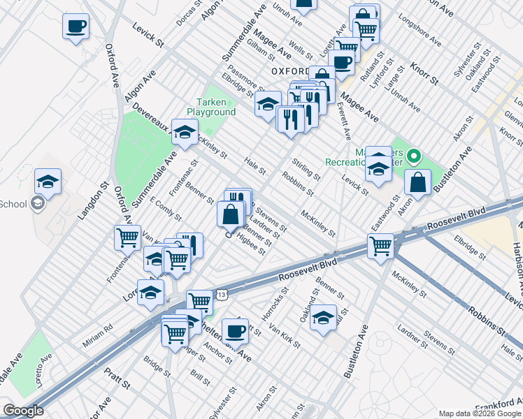 map of restaurants, bars, coffee shops, grocery stores, and more near 1417 Stevens Street in Philadelphia