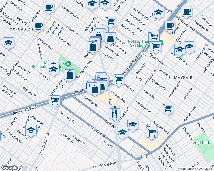 map of restaurants, bars, coffee shops, grocery stores, and more near Roosevelt Blvd & Harbison Ave in Philadelphia