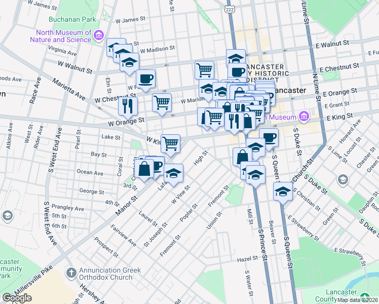 map of restaurants, bars, coffee shops, grocery stores, and more near 429 Lafayette Street in Lancaster