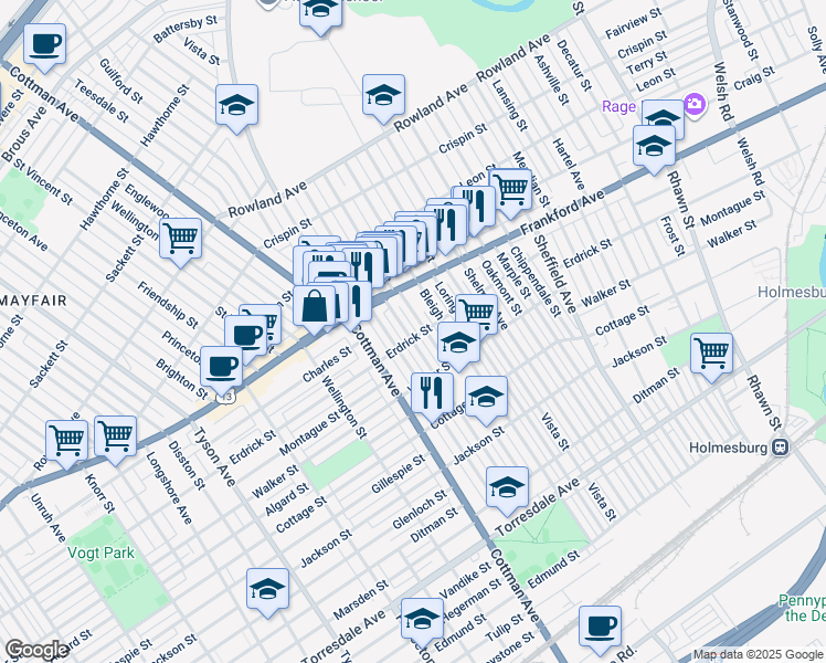 map of restaurants, bars, coffee shops, grocery stores, and more near 4055 Aldine Street in Philadelphia