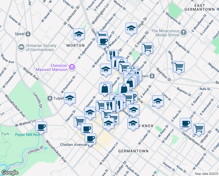 map of restaurants, bars, coffee shops, grocery stores, and more near 111 W Rittenhouse St in Philadelphia