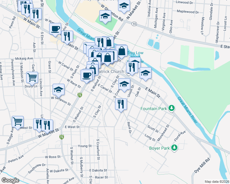 map of restaurants, bars, coffee shops, grocery stores, and more near 120 South Crawford Street in Troy