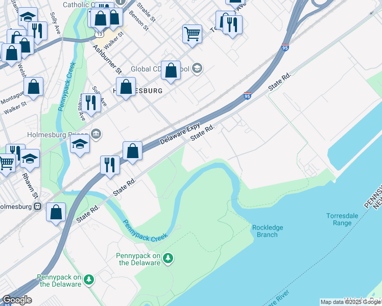 map of restaurants, bars, coffee shops, grocery stores, and more near 8401 State Road in Philadelphia
