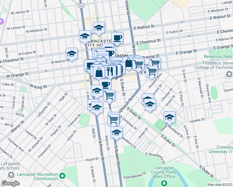 map of restaurants, bars, coffee shops, grocery stores, and more near 105 South Christian Street in Lancaster