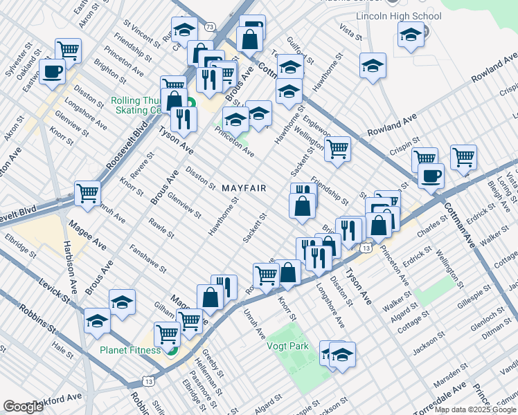 map of restaurants, bars, coffee shops, grocery stores, and more near 3130 Tyson Avenue in Philadelphia