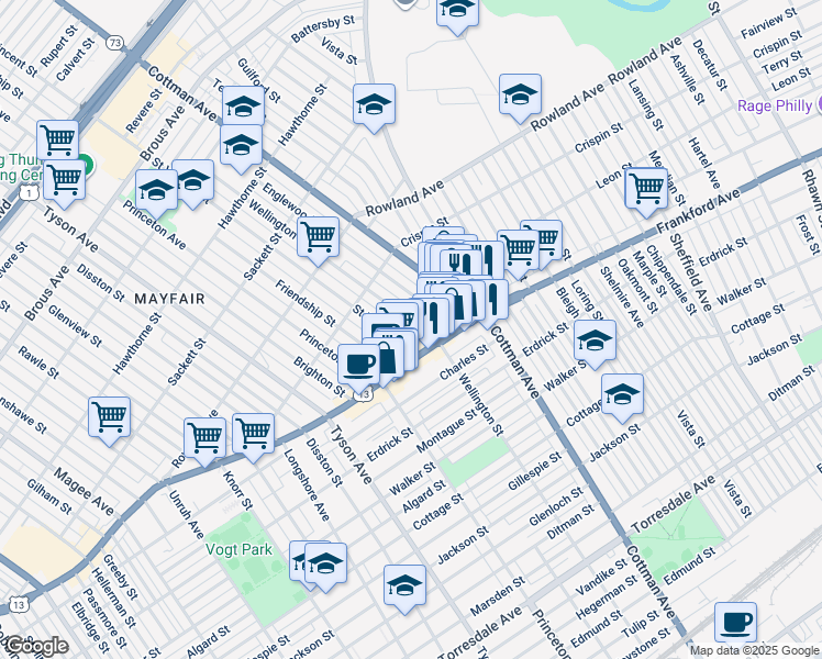 map of restaurants, bars, coffee shops, grocery stores, and more near 3516 Wellington Street in Philadelphia