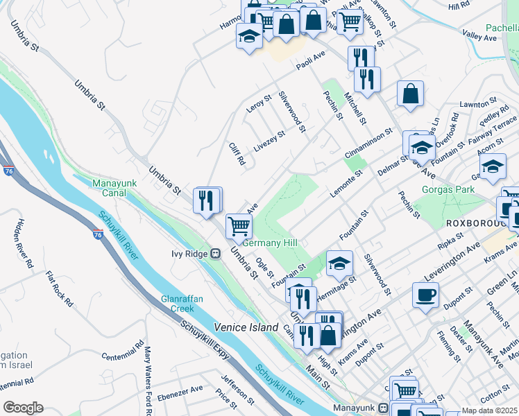 map of restaurants, bars, coffee shops, grocery stores, and more near 177 Parker Avenue in Philadelphia