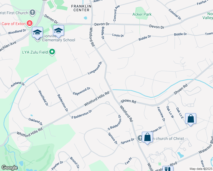 map of restaurants, bars, coffee shops, grocery stores, and more near 426 North Whitford Road in Exton