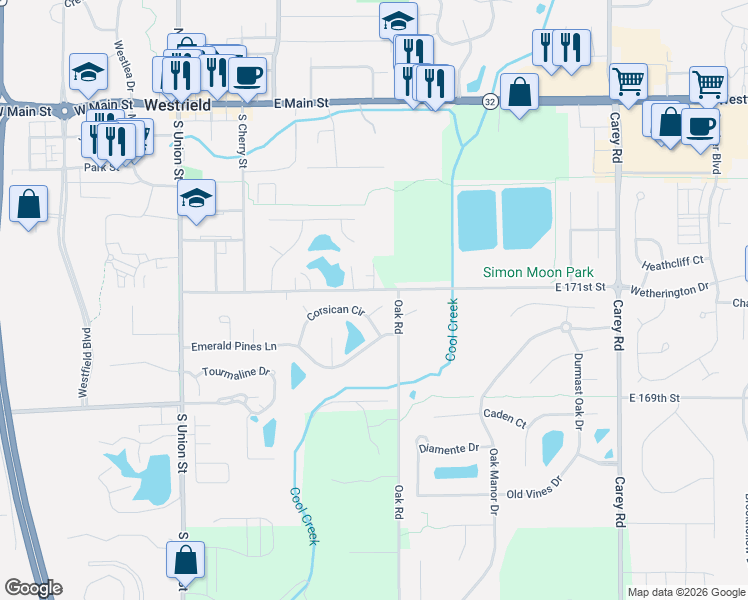 map of restaurants, bars, coffee shops, grocery stores, and more near 2404 1/2 South Street in Westfield
