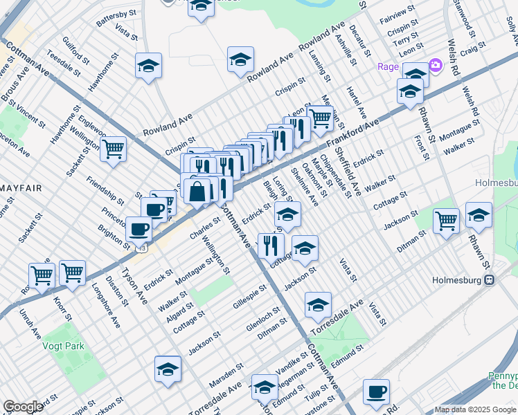 map of restaurants, bars, coffee shops, grocery stores, and more near 4055 Aldine Street in Philadelphia