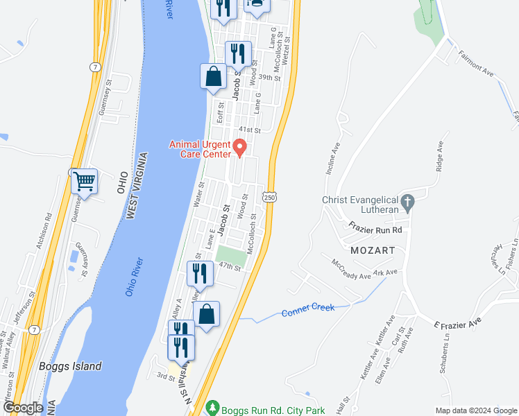 map of restaurants, bars, coffee shops, grocery stores, and more near 4342 McColloch Street in Wheeling