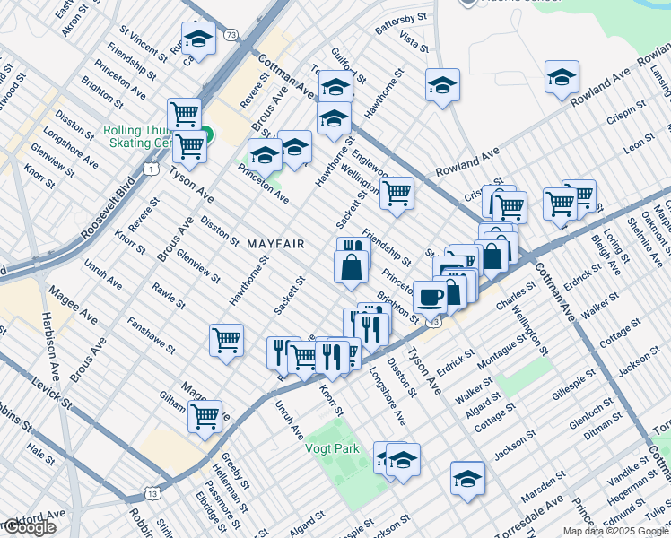 map of restaurants, bars, coffee shops, grocery stores, and more near 3218 Brighton Street in Philadelphia