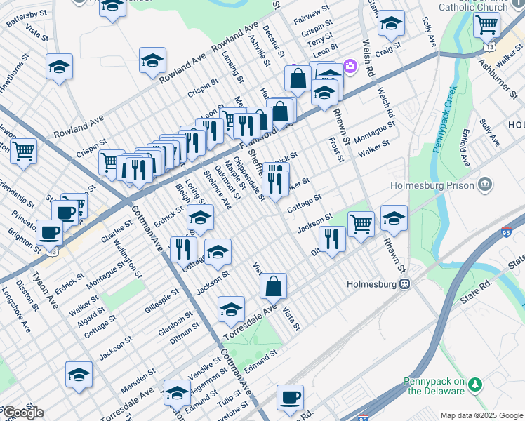 map of restaurants, bars, coffee shops, grocery stores, and more near 4331 Marple Street in Philadelphia