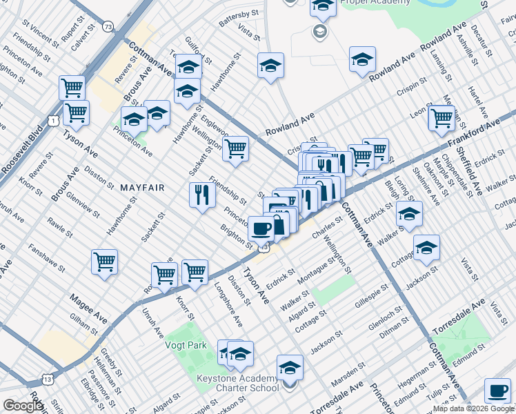 map of restaurants, bars, coffee shops, grocery stores, and more near 3430 Saint Vincent Street in Philadelphia