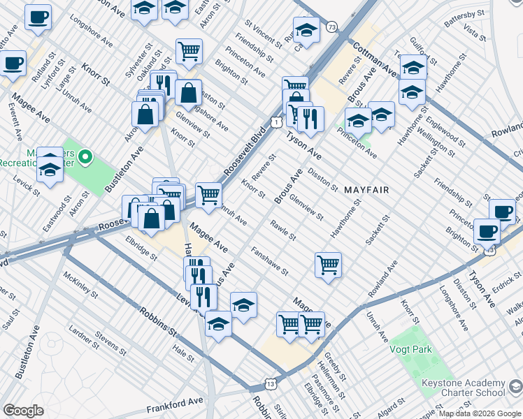 map of restaurants, bars, coffee shops, grocery stores, and more near 2813 Rawle Street in Philadelphia