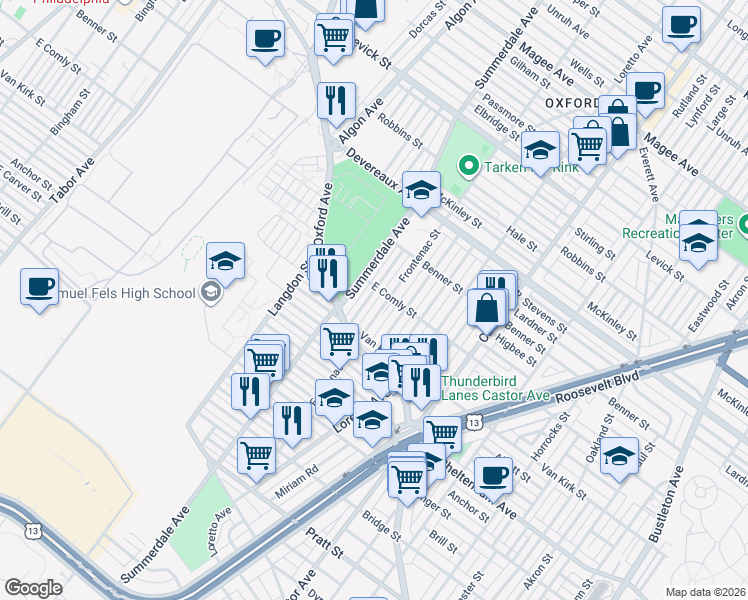 map of restaurants, bars, coffee shops, grocery stores, and more near 5929 Summerdale Avenue in Philadelphia