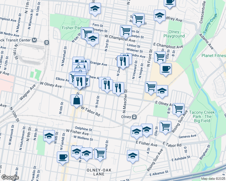 map of restaurants, bars, coffee shops, grocery stores, and more near 5610 North 2nd Street in Philadelphia
