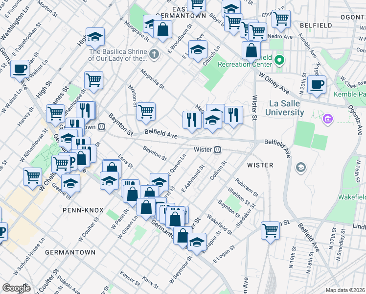 map of restaurants, bars, coffee shops, grocery stores, and more near 300 East Penn Street in Philadelphia