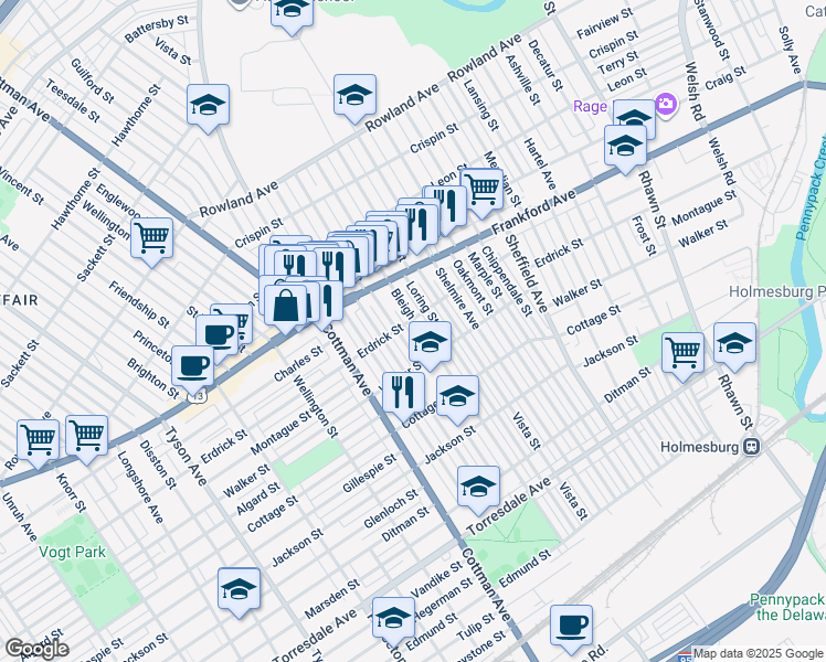 map of restaurants, bars, coffee shops, grocery stores, and more near 4206 Bleigh Avenue in Philadelphia