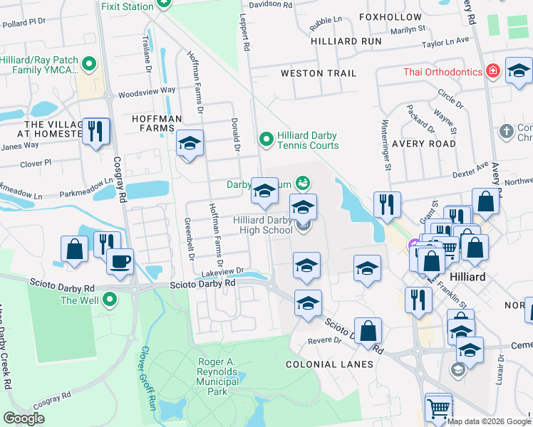 map of restaurants, bars, coffee shops, grocery stores, and more near 5716 Laura Lane in Hilliard